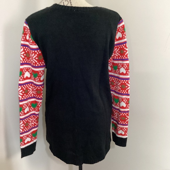 Women’s Black Holiday Cat Blinking Lights Long Sleeves Hearts Knit Sweater - Picture 4 of 5